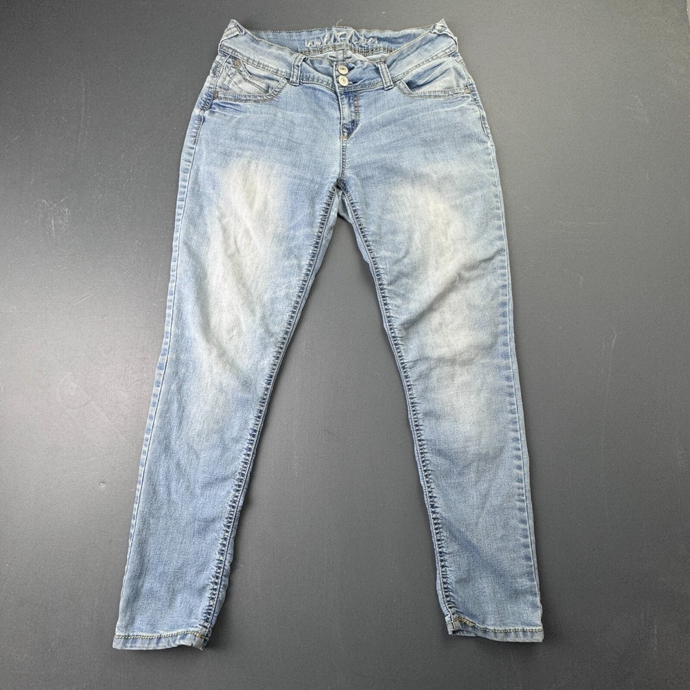WallFlower Women's Size 30x27 Blue Mid Rise Stretch Skinny Jeans Faded Denim Y2K